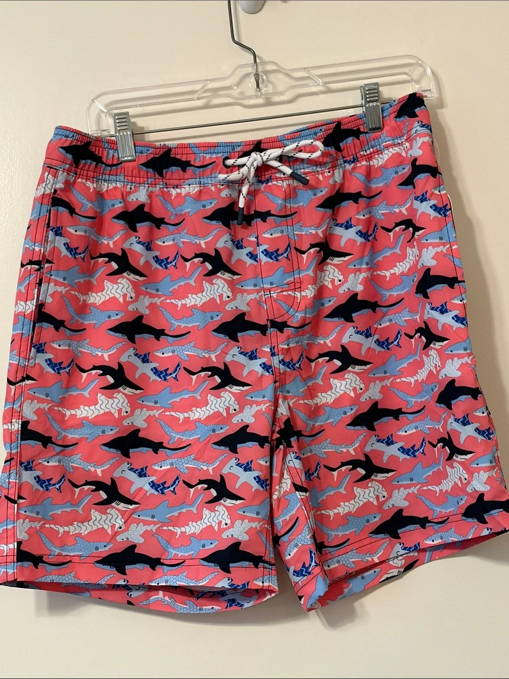 Men's Pink Shark-Print Swim Trunks with Drawstring Waist